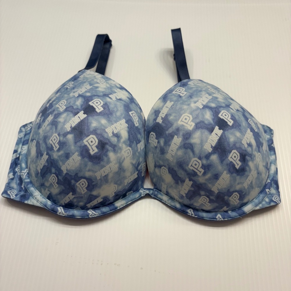 Pink Victoria's Secret Bra Womens 36D Blue Tie Dye Super Push Up Logo Underwire